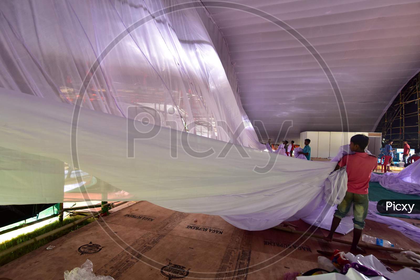 Indian Workers Prepare The Newly-Established Quarantine Center For The Covid-19 Patients During Nationwide Lockdown At Veterinary College Field Khanapara, In Guwahati, Assam, India, 11 June 2020.