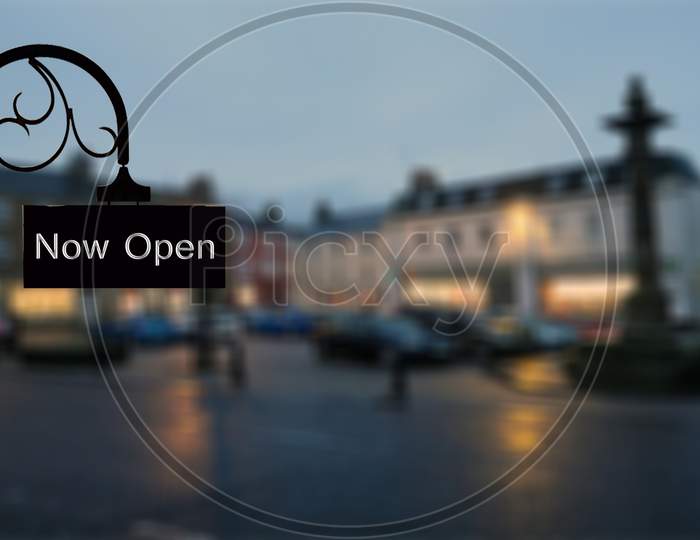 Stylish Designer Sign Board Label With Now Open In A City During Lockdown Due To Corona Virus
