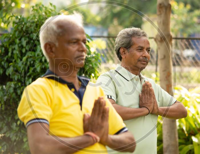 A couple of Elderly Man Or Old Men's Doing Yoga, Fitness Routine At Outdoors
