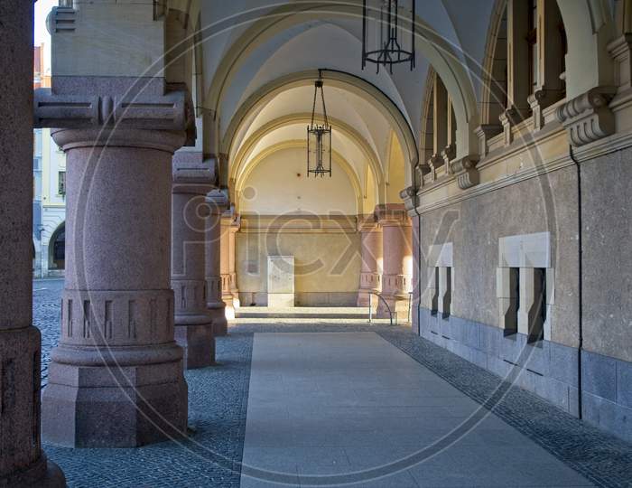 Arcades of the New Town Hall in the old town of Goerlitz, Germany.