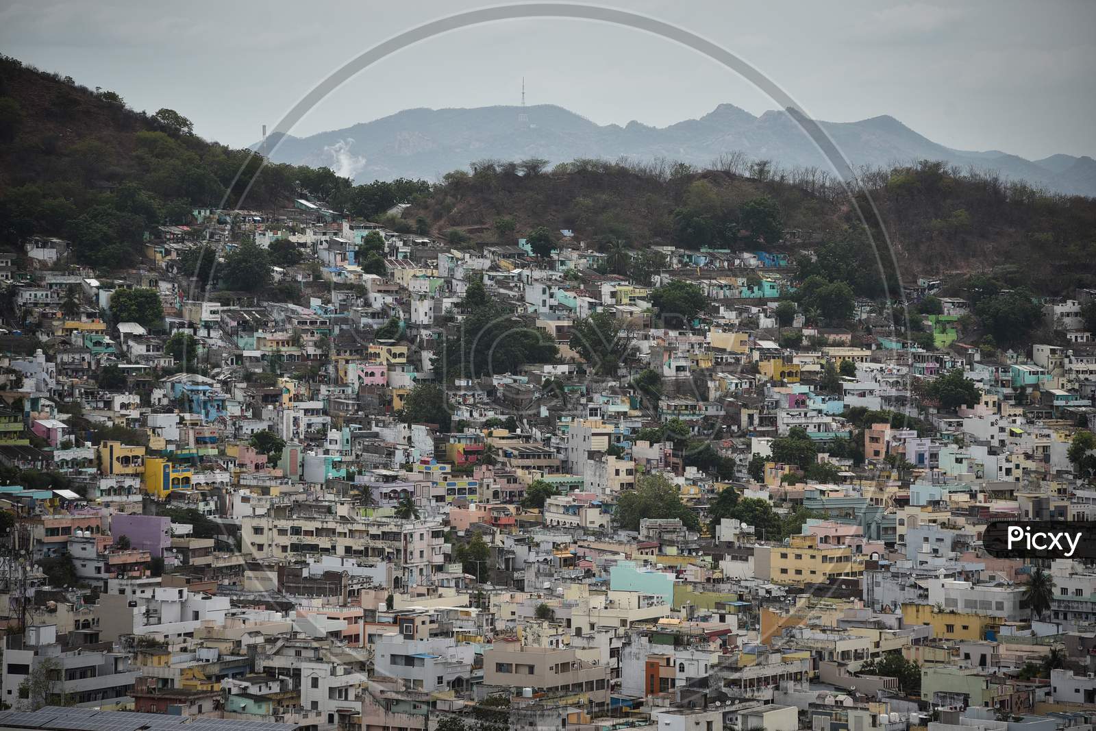 A view of the hilltop houses, during the fifth phase of coronavirus lockdown in Vijayawada.