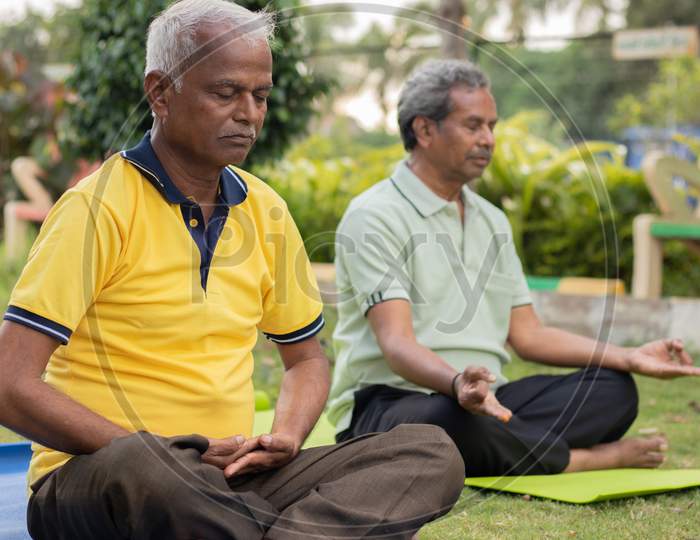 A Couple Of Elderly Man Or Old Men'S Doing Yoga, Fitness Routine At Outdoors