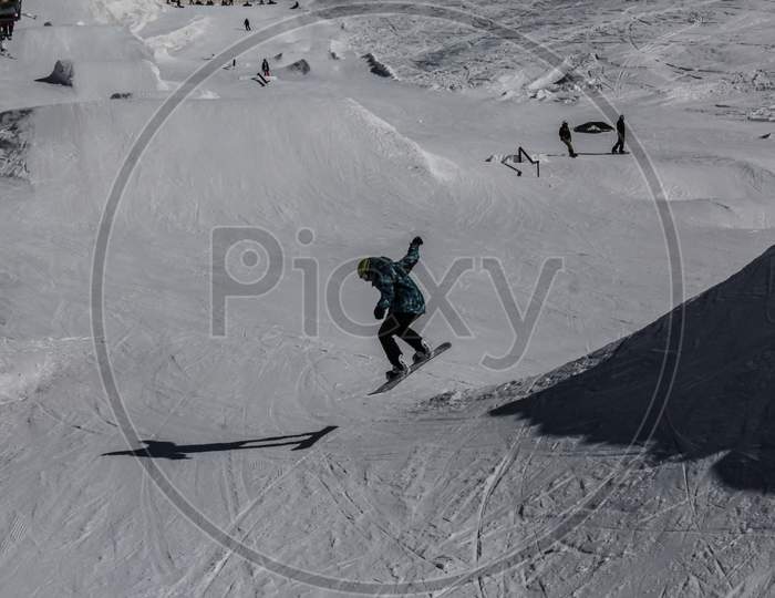 Gudauri, Georgia- February 2019: Ski Resort Winter Snowboarding Jump