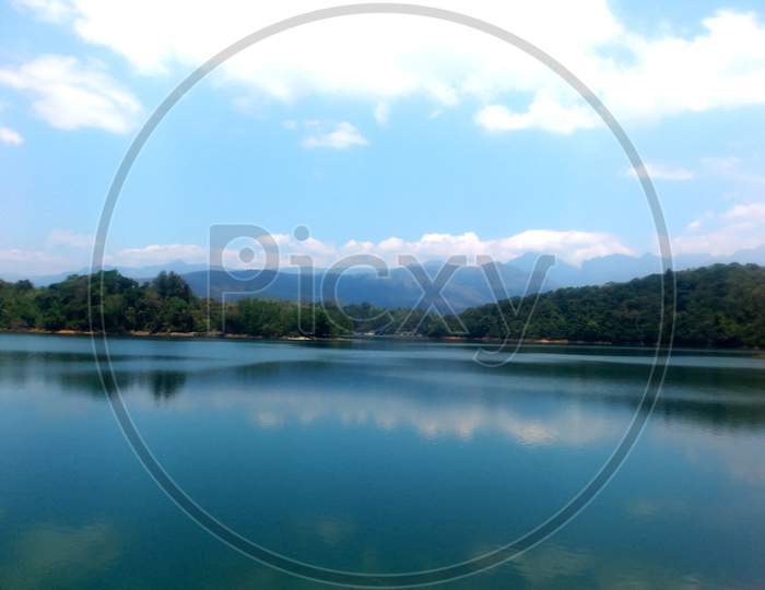 Beautiful blue lake and mountain landscape view