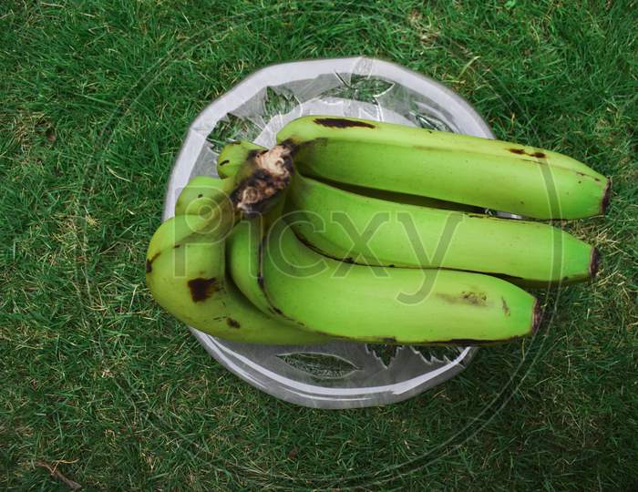Top View Of Plantain Or Green Banana Raw