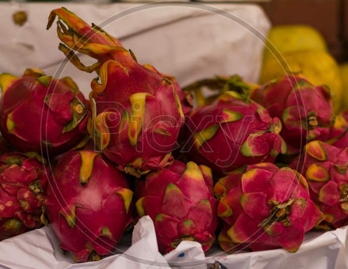 Red Dragon Fruit Arranged In A Fruit Shop For Sell