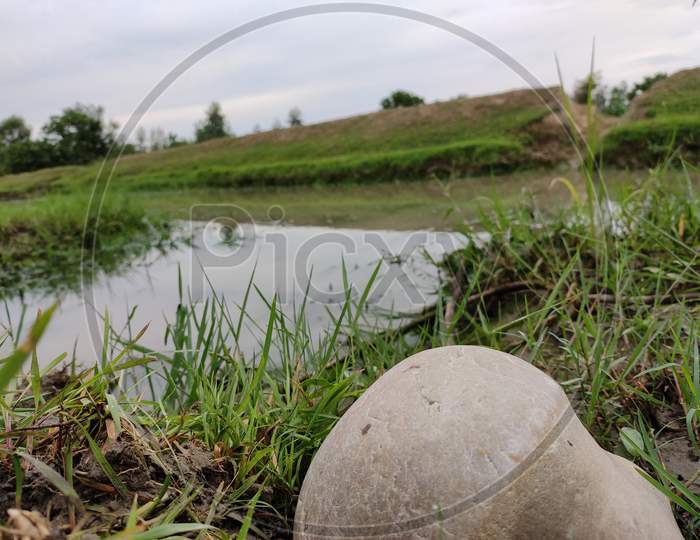 Stone in Grass , stone lying in Bank of river