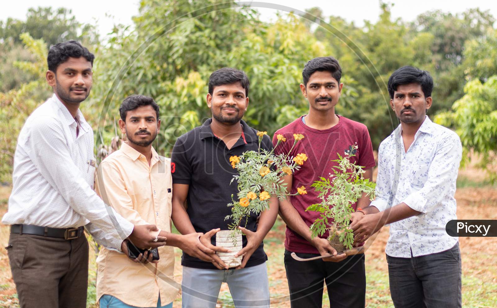 Group of Young People Posing towards the Camera with Plants in Hands