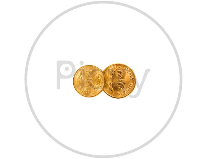 New Indian Gold Color Five Rupees Coin And Old 5 Rupees