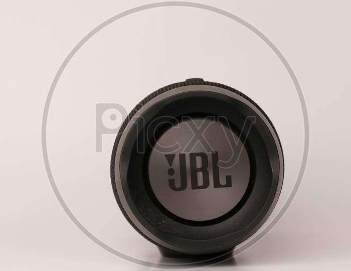 JBL logo on a side radiator for the bluetooth speaker