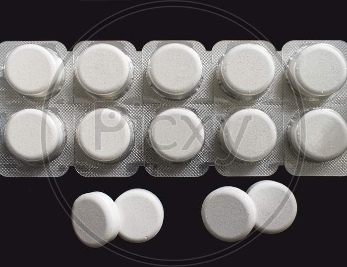 Blister of white medicine pills