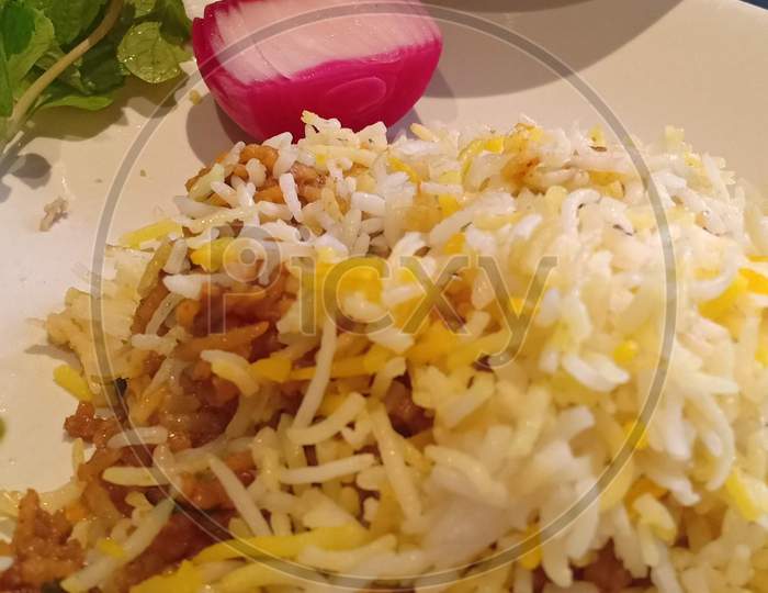 Chicken Biryani From Biryani Blues With Sherva And Raita Lemon And Onion And Green Chilly Mughlai Food