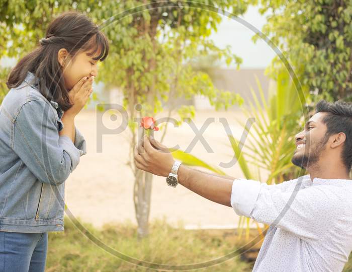Concept Of Teenage Love Or Affection - Young Man Proposing To Smiling Excited Girlfriend Standing On Knee With Red Rose On Valentines Day
