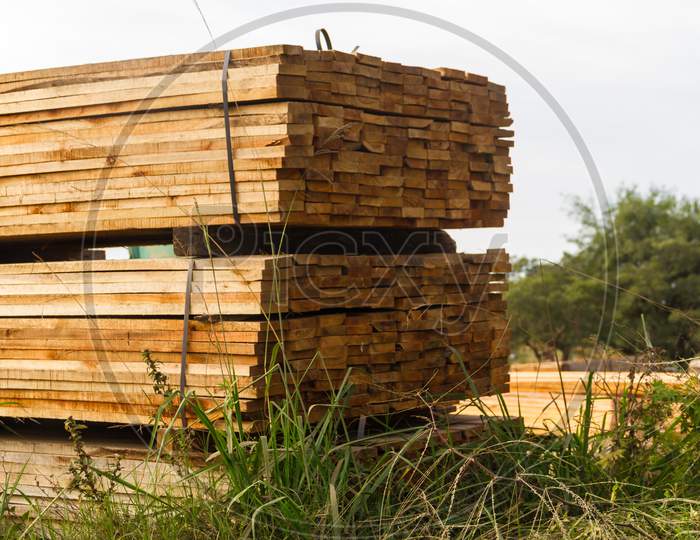 Wood Boards Stacked For Drying Process In The Sawmill