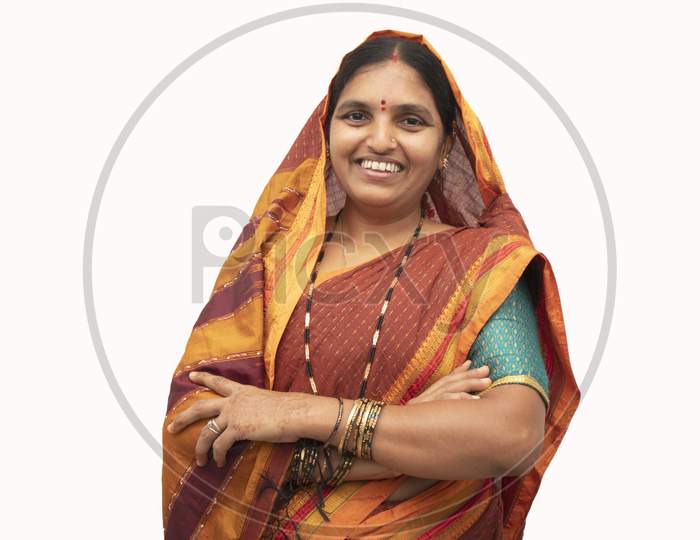 A Happy Indian woman in Traditional Saree isolated with White Background