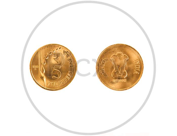 New Indian Gold Color Five Rupees Coin Front And Back