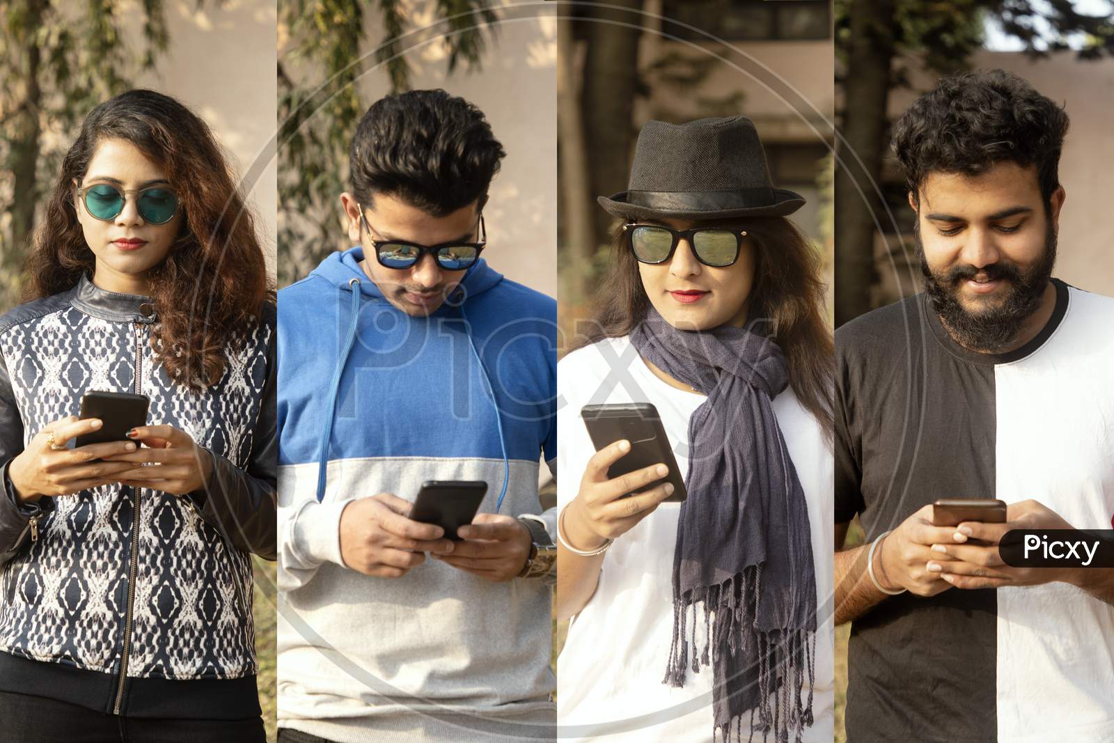 College Of People Busy On Mobile - Group Of Modern Trendy Millennials Using Smartphone - Concept Of Social Media, Internet, E Commerce, Technology Usage