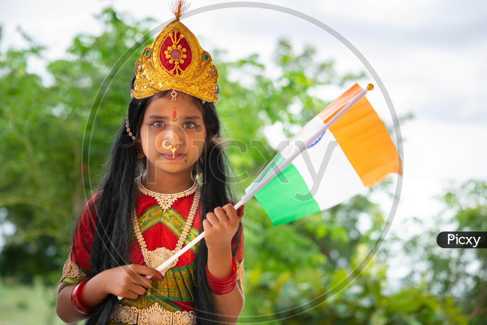 Image of Small Cute Little Indian Girl Kid In Bharat Mata Or ...