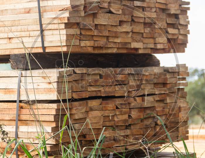 Wood Boards Stacked For Drying Process In The Sawmill