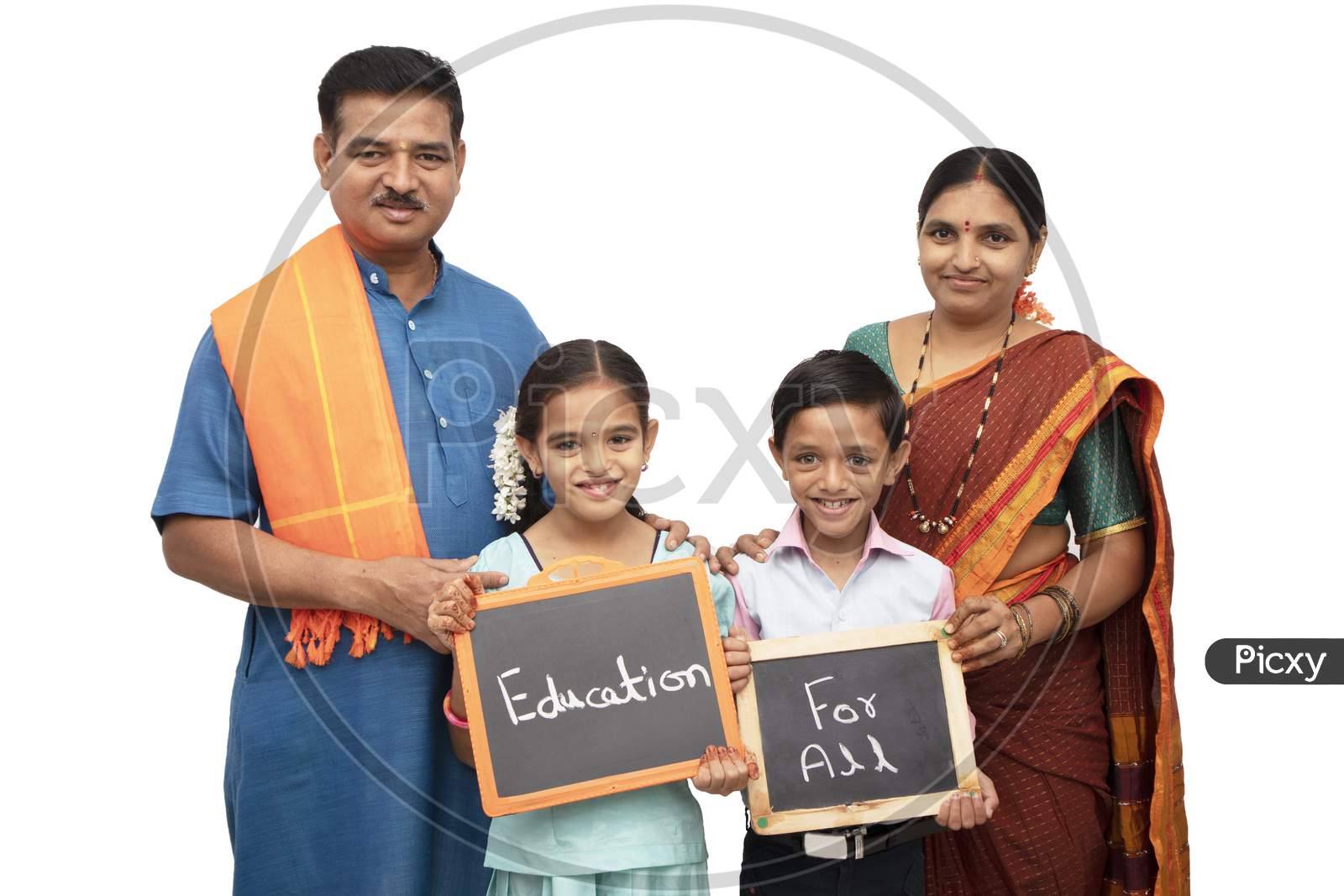 Concept Of Education For All Children Holding Slate With Traditional Indian Family On Isolated Background