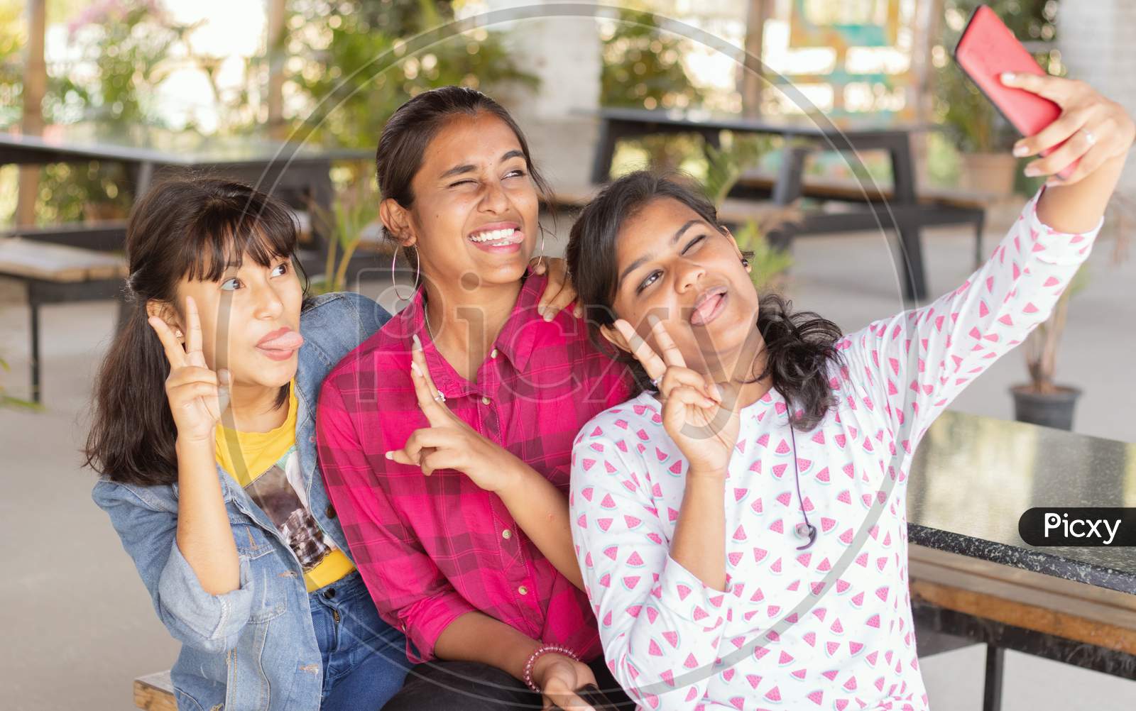 A Group of Happy Young Girls taking Selfies with a Smile
