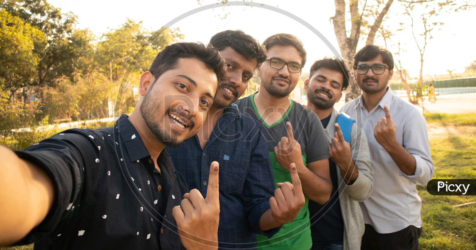 Group Of Friends Taking A Self Portrait In The Park - Young Indian Men's showing their Voted Finger