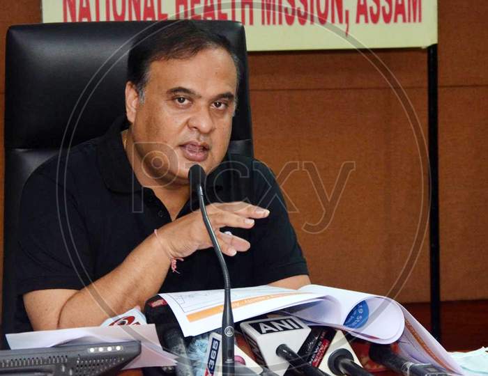Assam Finance And Health Minister Himanta Biswa Sarma Addressing A Press Meet Regarding Covid-19 Cases At NHM Office In Guwahati On June 13,2020.