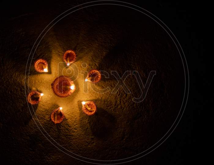 Glowing Clay Lamp In Dark Night - Happy Diwali, Light Festival, Illuminated Lights