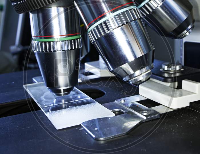Microscope slide on stage of an lab microscope