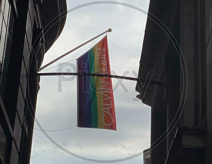 LGBTQ flag outside Calvin Klein store on Oxford street in London.