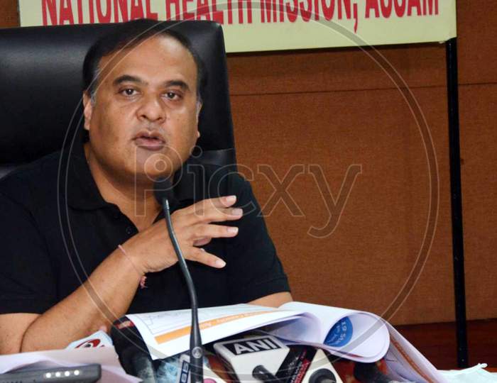 Assam Finance And Health Minister Himanta Biswa Sarma Addressing A Press Meet Regarding Covid-19 Cases At NHM Office In Guwahati On June 13,2020.