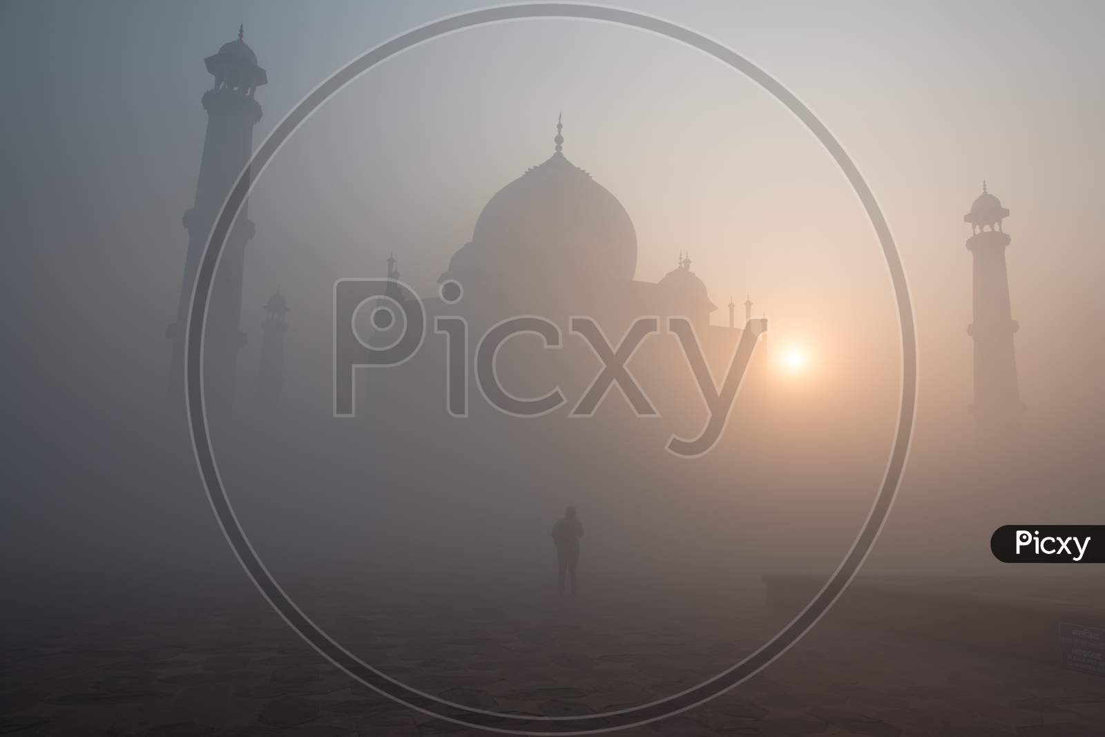 A lone admirer at the Taj Mahal on a early foggy winter morning.