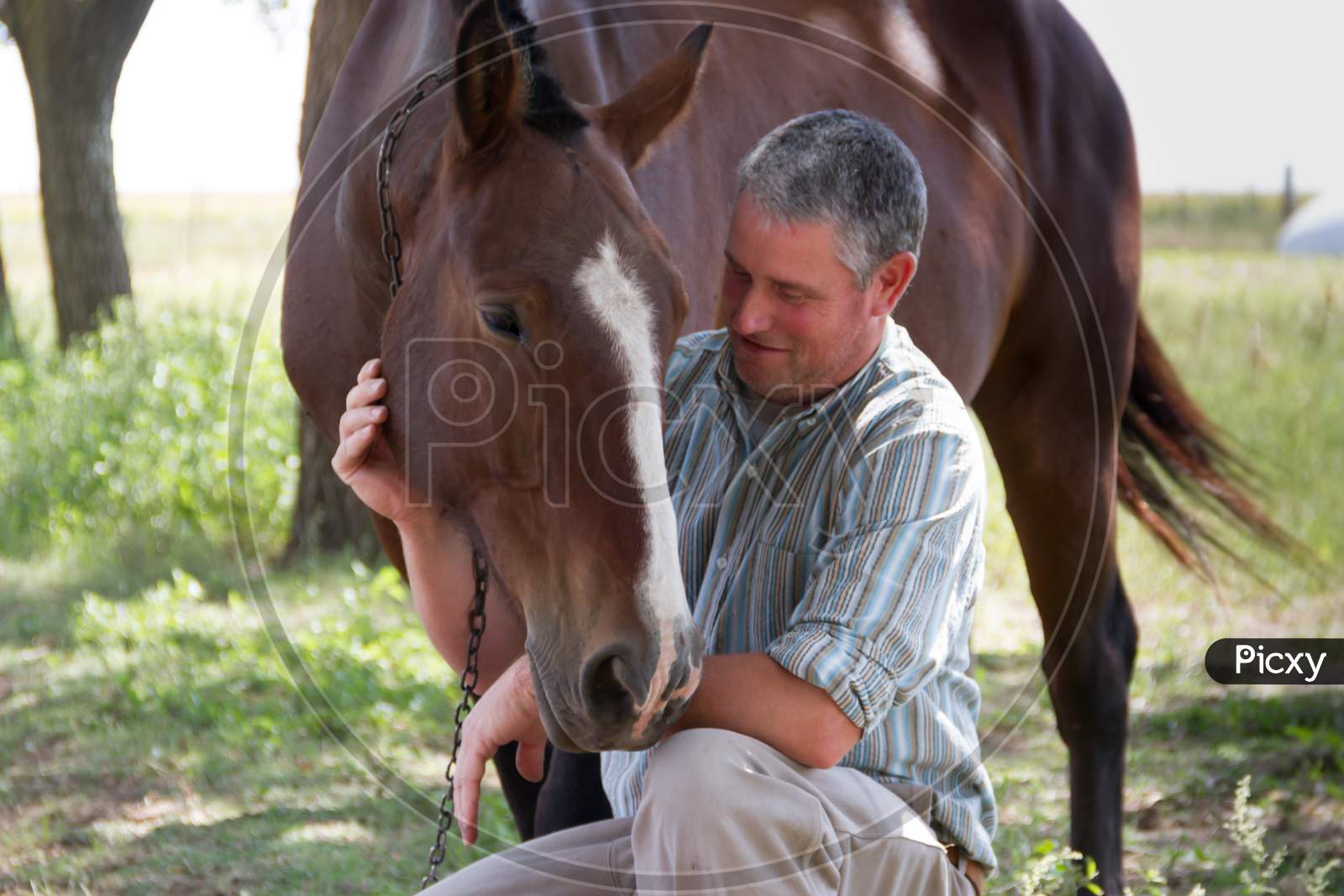 Smiling Man With His Horse In The Argentine Countryside