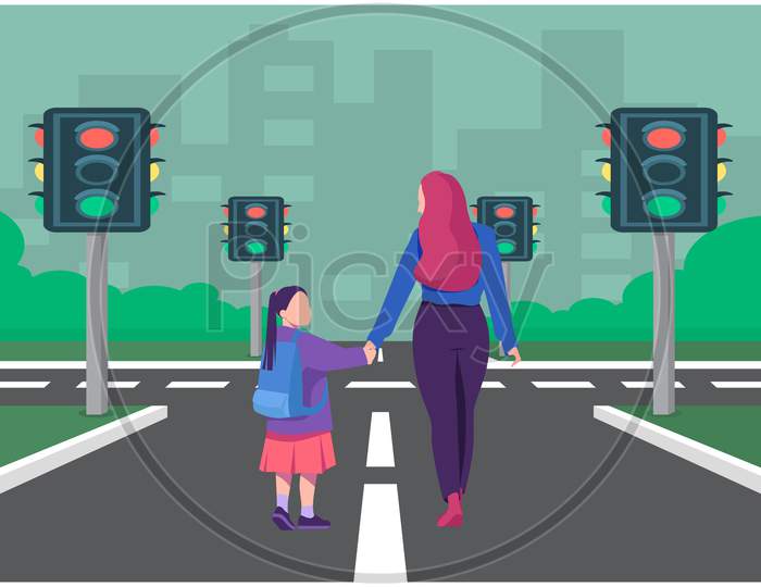 Girl Walking On The Road With Her Mother