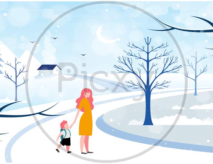 Boy Is Walking On The Road With His Mother During Snow