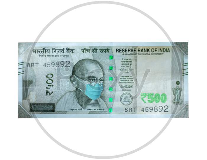 Indian Currency Note Rupee Mahatma Gandhi Wearing Face Mask To Avoid Corona Virus Covid-19