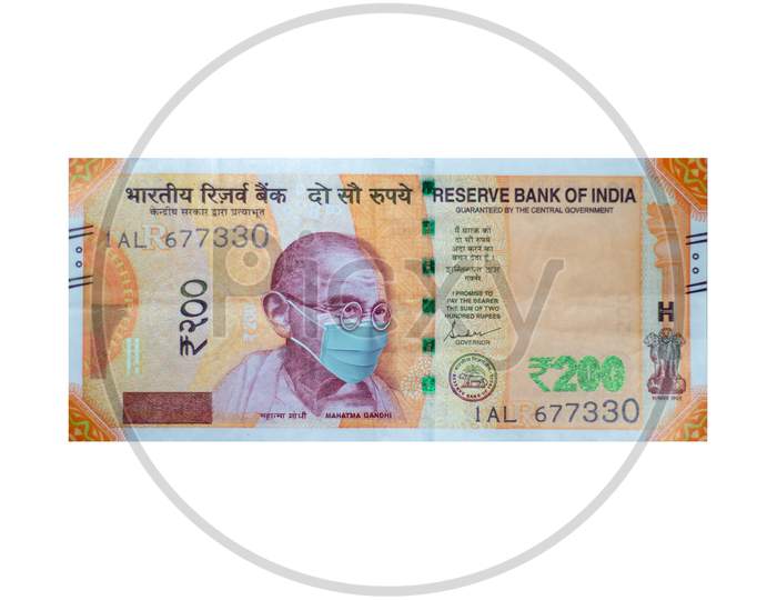 Indian Currency Note Rupee Mahatma Gandhi Wearing Face Mask To Avoid Corona Virus Covid-19