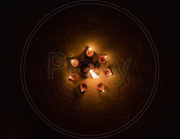 Glowing Clay Lamp In Dark Night - Happy Diwali, Light Festival, Illuminated Lights