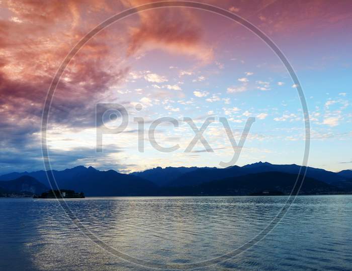 Landscape of Maggiore Lake at sunset