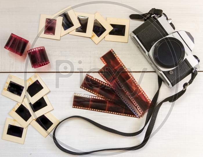 Old Camera With Negatives And Slides Photography