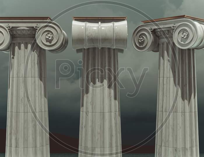Ancient Greek pillars with thunder clouds