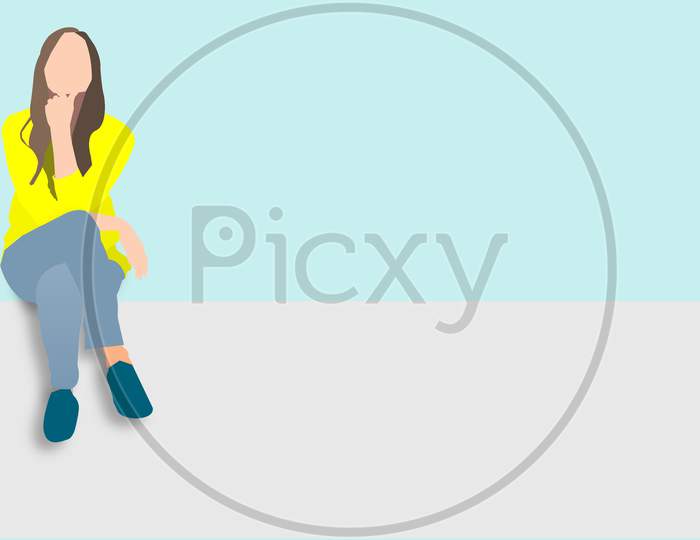 Vector Illustration Graphic Of A Young Happy Girl Sitting On The Wall. Concept Outdoor Work Place, Student Or Teenager.