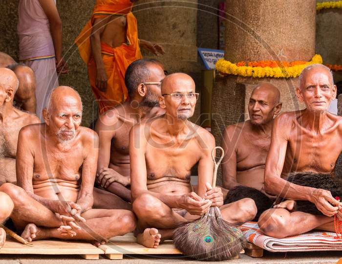 Jain monks squatting at Shravanabelagola in Karnataka/India.