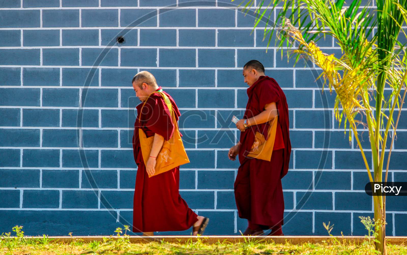 Two Buddhist Monks walking at Bylukoppa in Karnataka/India.