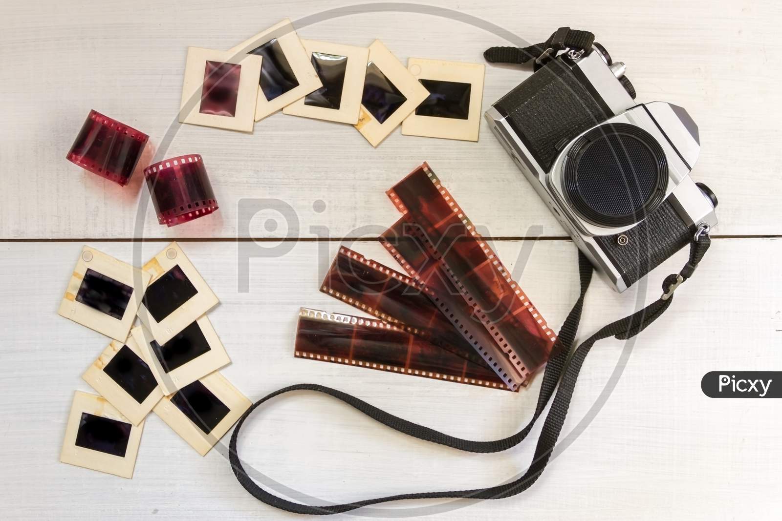 Old Camera With Negatives And Slides Photography