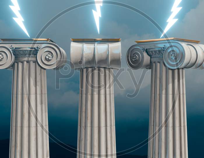3D render of Greek columns and lighting bolts