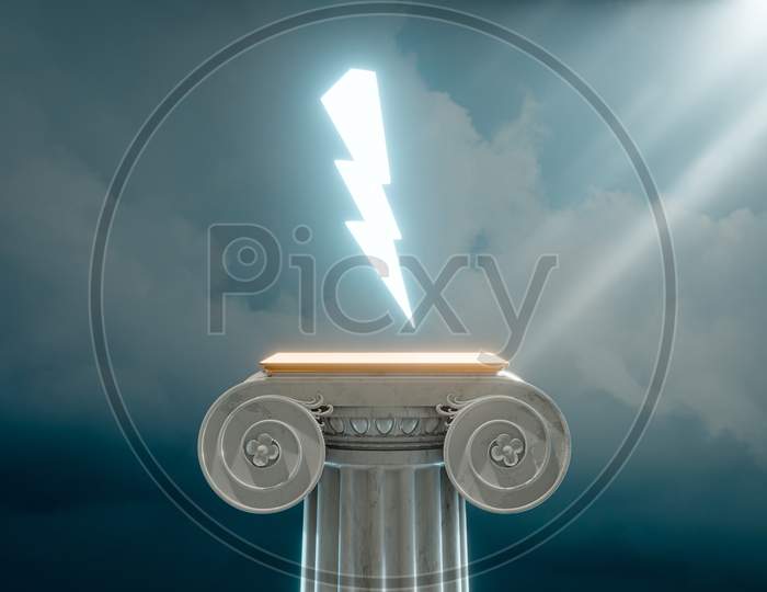 3D render of ancient Greek column and lighting bolt