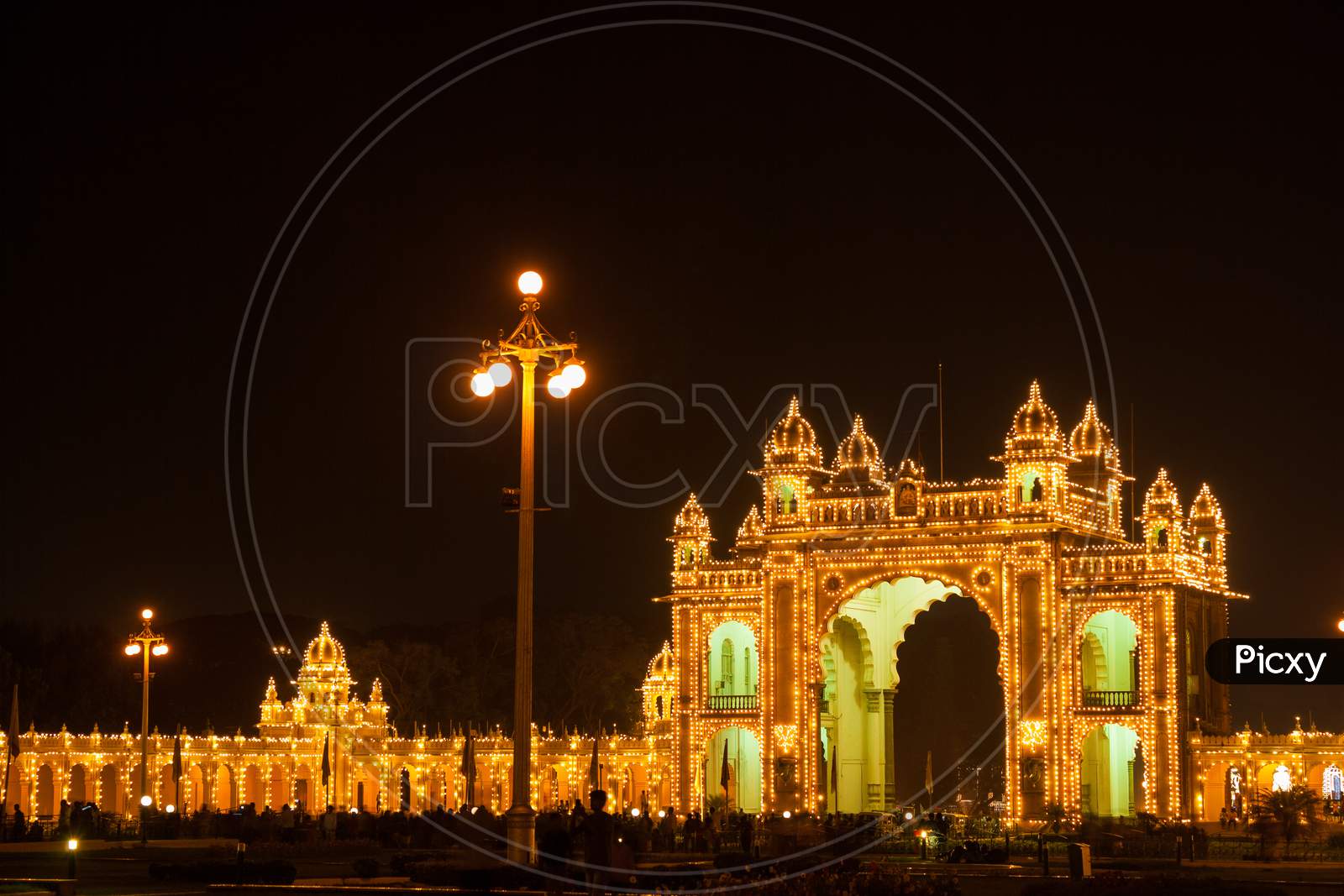 An illuminated Mysore Ambavilas Palace entrance in Karnataka/India.