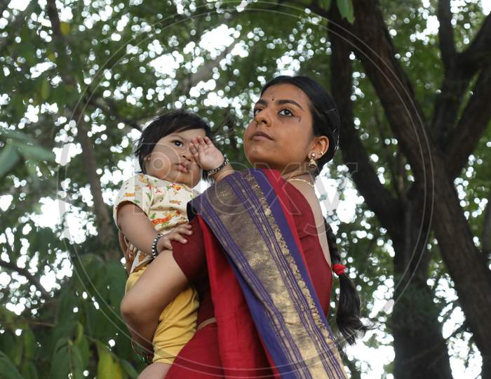 Mother and child in a village