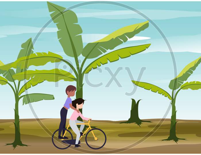 Mother And Her Son Riding A Bicycle In A Garden